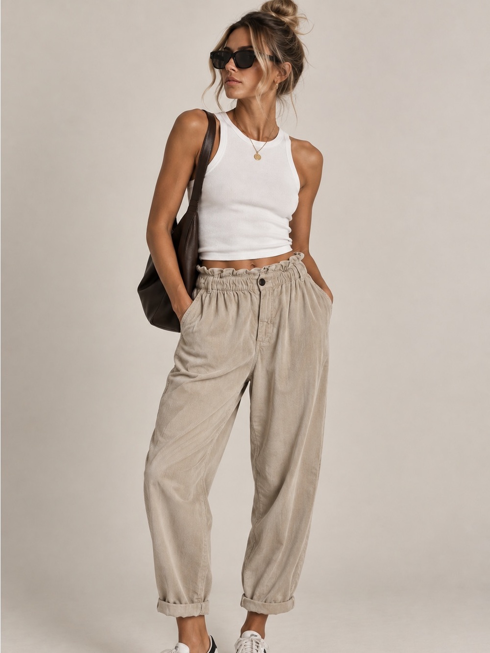 ZARA • women’s high waisted corduroy paper bag tan pants